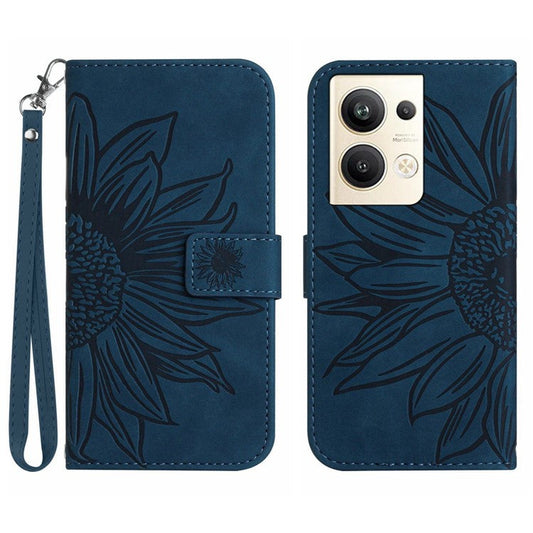 Sunflower Imprinted Phone Case For Oppo Reno9 Pro+ 5G, HT04 Anti-fall Skin-Touch Flip Phone Wallet Cover Stand with Hand Strap - Dark Blue