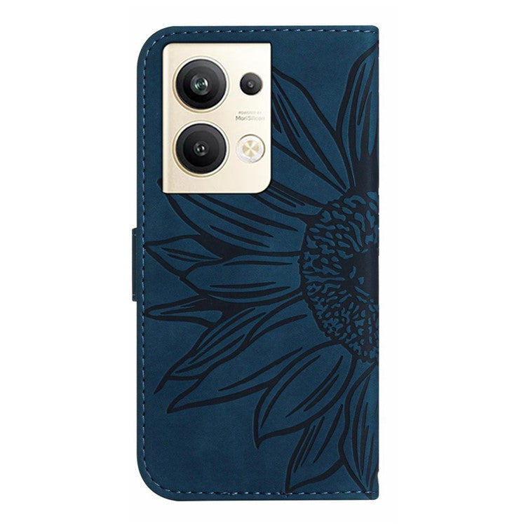 Sunflower Imprinted Phone Case For Oppo Reno9 Pro+ 5G, HT04 Anti-fall Skin-Touch Flip Phone Wallet Cover Stand with Hand Strap - Dark Blue
