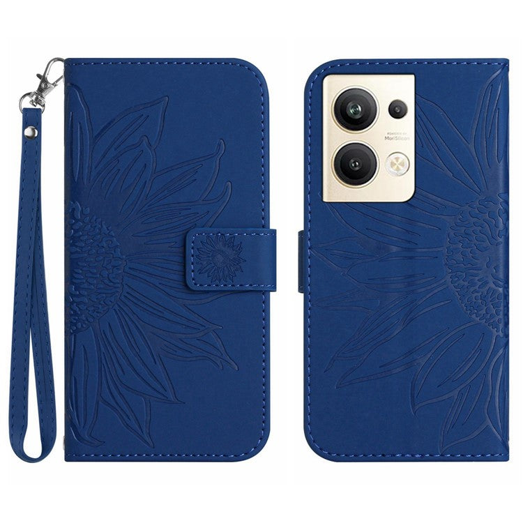 Sunflower Imprinted Phone Case For Oppo Reno9 Pro+ 5G, HT04 Anti-fall Skin-Touch Flip Phone Wallet Cover Stand with Hand Strap - Sapphire