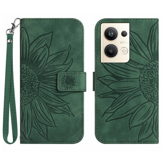 Sunflower Imprinted Phone Case For Oppo Reno9 Pro+ 5G, HT04 Anti-fall Skin-Touch Flip Phone Wallet Cover Stand with Hand Strap - Dark Green