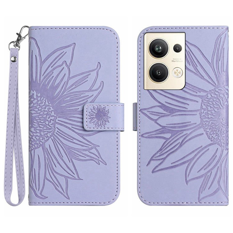 Sunflower Imprinted Phone Case For Oppo Reno9 Pro+ 5G, HT04 Anti-fall Skin-Touch Flip Phone Wallet Cover Stand with Hand Strap - Light Purple