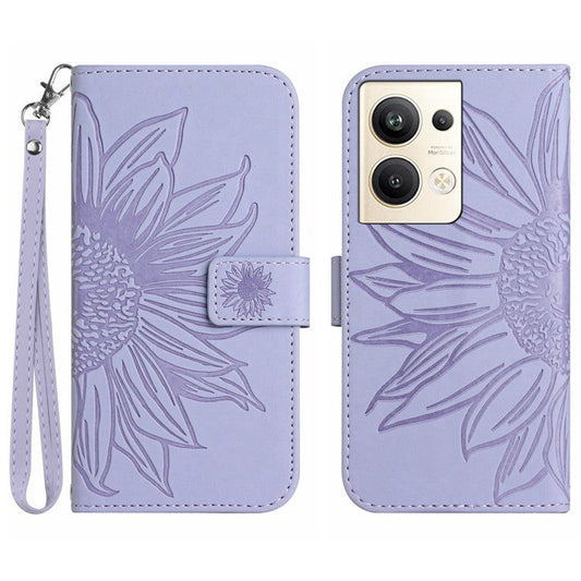 Sunflower Imprinted Phone Case For Oppo Reno9 Pro+ 5G, HT04 Anti-fall Skin-Touch Flip Phone Wallet Cover Stand with Hand Strap - Light Purple