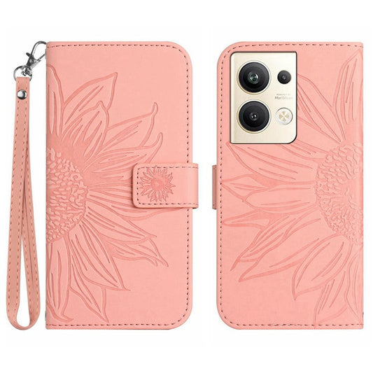 Sunflower Imprinted Phone Case For Oppo Reno9 Pro+ 5G, HT04 Anti-fall Skin-Touch Flip Phone Wallet Cover Stand with Hand Strap - Light Pink