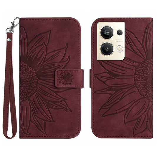 Sunflower Imprinted Phone Case For Oppo Reno9 Pro+ 5G, HT04 Anti-fall Skin-Touch Flip Phone Wallet Cover Stand with Hand Strap - Wine Red