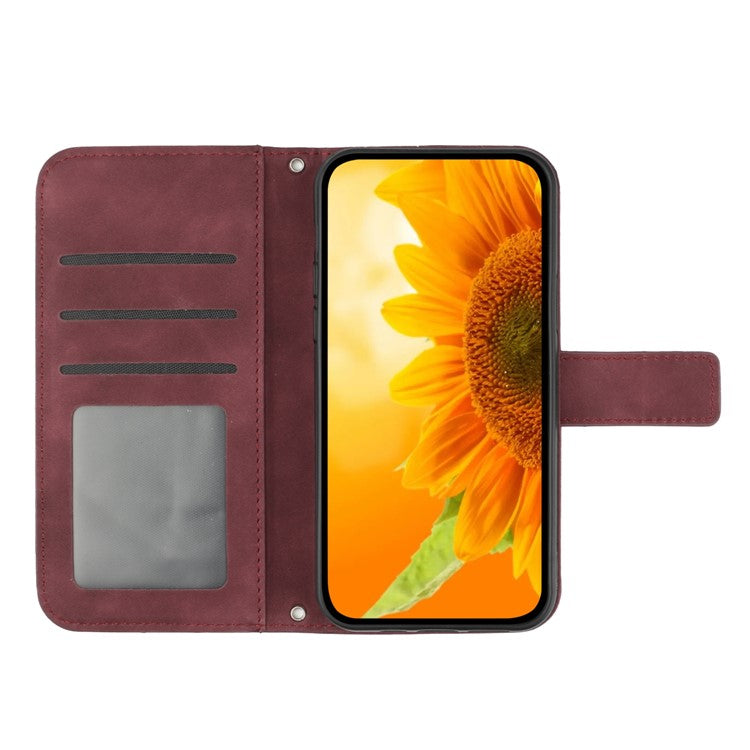 Sunflower Imprinted Phone Case For Oppo Reno9 Pro+ 5G, HT04 Anti-fall Skin-Touch Flip Phone Wallet Cover Stand with Hand Strap - Wine Red