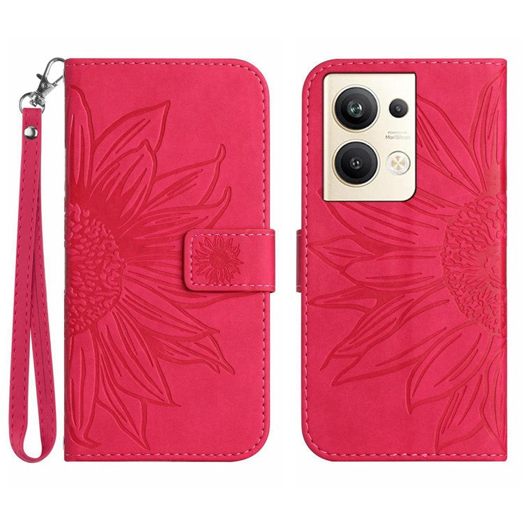 Sunflower Imprinted Phone Case For Oppo Reno9 Pro+ 5G, HT04 Anti-fall Skin-Touch Flip Phone Wallet Cover Stand with Hand Strap - Rose