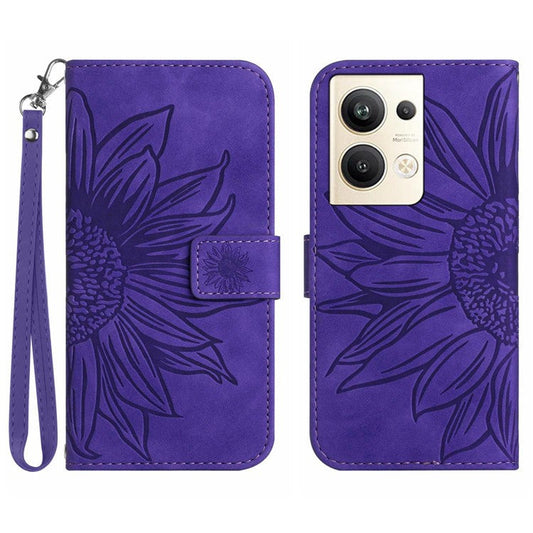 Sunflower Imprinted Phone Case For Oppo Reno9 Pro+ 5G, HT04 Anti-fall Skin-Touch Flip Phone Wallet Cover Stand with Hand Strap - Dark Purple