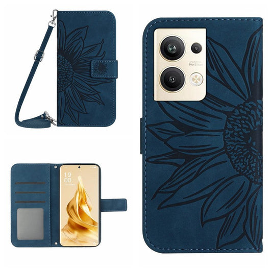 Protective Phone Cover For Oppo Reno9 Pro+ 5G, HT04 PU Leather Sunflower Imprinted Wallet Stand Skin-touch Feeling Flip Phone Case with Shoulder Strap - Dark Blue