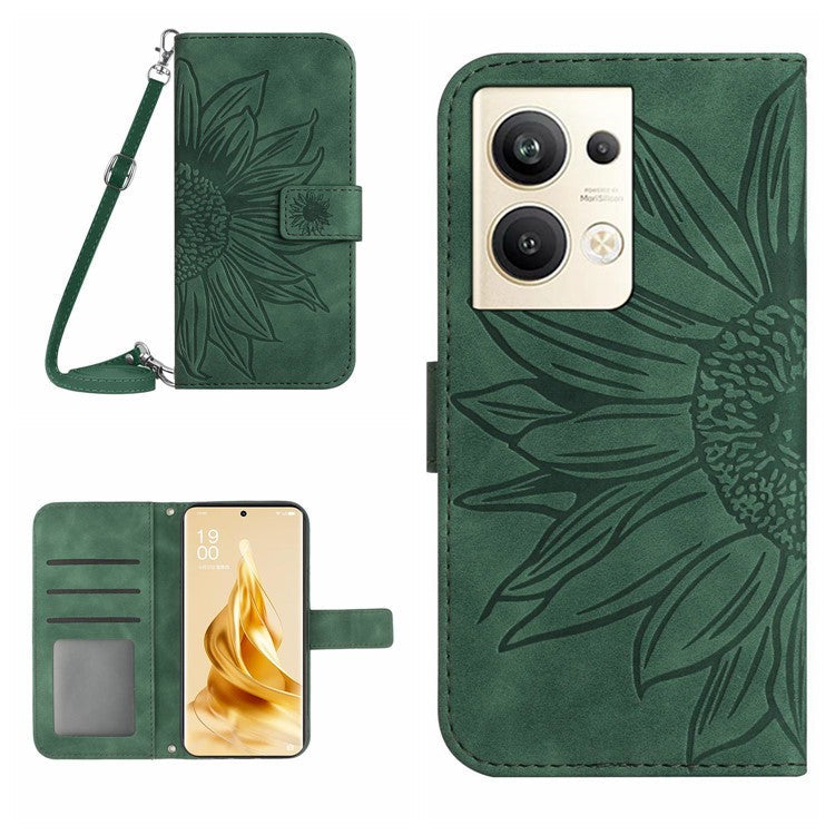 Protective Phone Cover For Oppo Reno9 Pro+ 5G, HT04 PU Leather Sunflower Imprinted Wallet Stand Skin-touch Feeling Flip Phone Case with Shoulder Strap - Dark Green