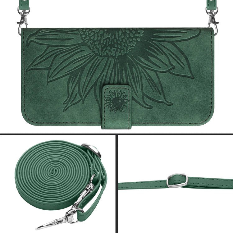 Protective Phone Cover For Oppo Reno9 Pro+ 5G, HT04 PU Leather Sunflower Imprinted Wallet Stand Skin-touch Feeling Flip Phone Case with Shoulder Strap - Dark Green