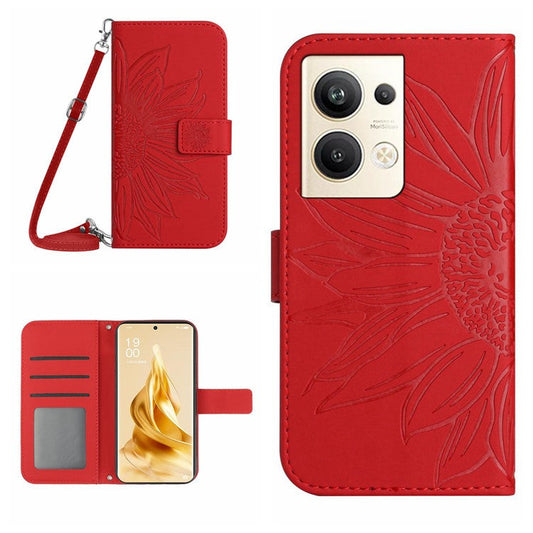 Protective Phone Cover For Oppo Reno9 Pro+ 5G, HT04 PU Leather Sunflower Imprinted Wallet Stand Skin-touch Feeling Flip Phone Case with Shoulder Strap - Red