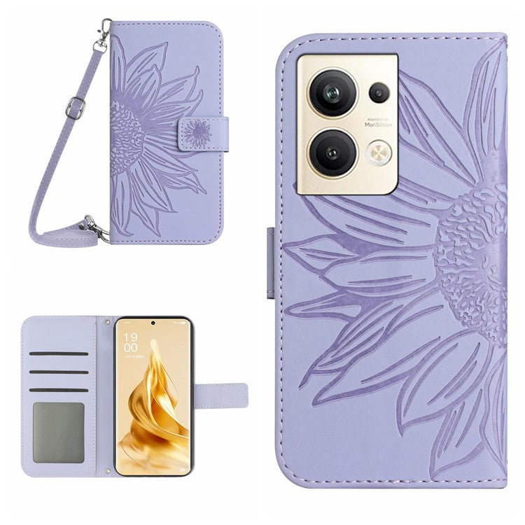 Protective Phone Cover For Oppo Reno9 Pro+ 5G, HT04 PU Leather Sunflower Imprinted Wallet Stand Skin-touch Feeling Flip Phone Case with Shoulder Strap - Light Purple
