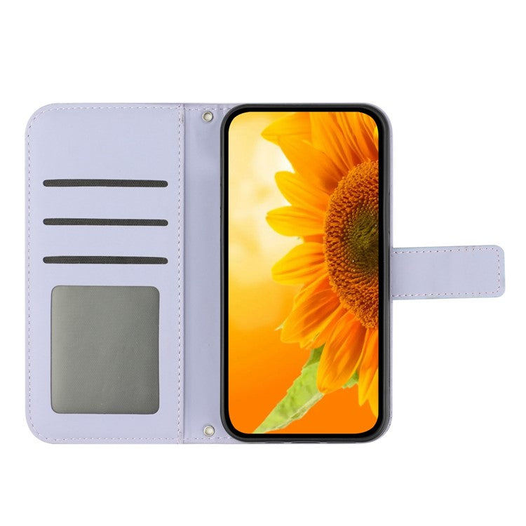 Protective Phone Cover For Oppo Reno9 Pro+ 5G, HT04 PU Leather Sunflower Imprinted Wallet Stand Skin-touch Feeling Flip Phone Case with Shoulder Strap - Light Purple