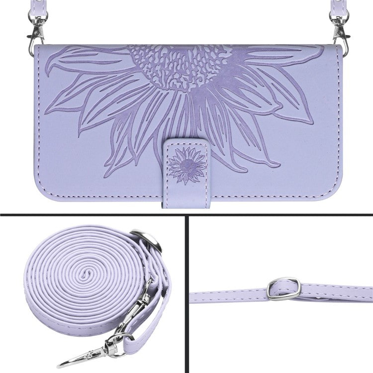 Protective Phone Cover For Oppo Reno9 Pro+ 5G, HT04 PU Leather Sunflower Imprinted Wallet Stand Skin-touch Feeling Flip Phone Case with Shoulder Strap - Light Purple