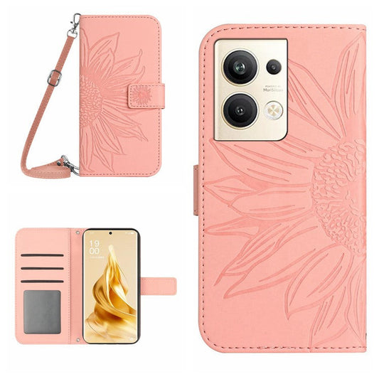Protective Phone Cover For Oppo Reno9 Pro+ 5G, HT04 PU Leather Sunflower Imprinted Wallet Stand Skin-touch Feeling Flip Phone Case with Shoulder Strap - Light Pink