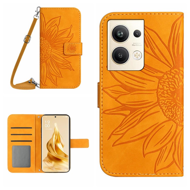 Protective Phone Cover For Oppo Reno9 Pro+ 5G, HT04 PU Leather Sunflower Imprinted Wallet Stand Skin-touch Feeling Flip Phone Case with Shoulder Strap - Yellow