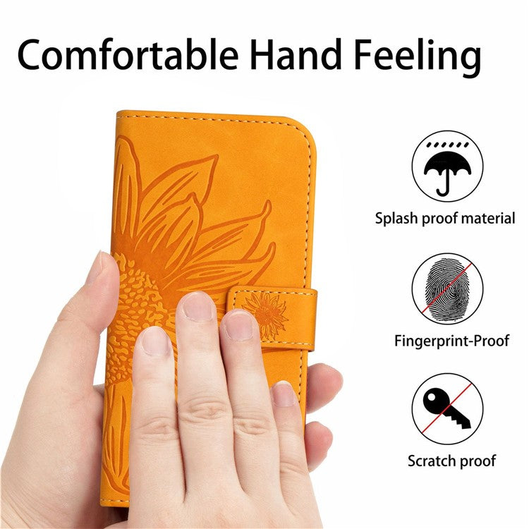 Protective Phone Cover For Oppo Reno9 Pro+ 5G, HT04 PU Leather Sunflower Imprinted Wallet Stand Skin-touch Feeling Flip Phone Case with Shoulder Strap - Yellow