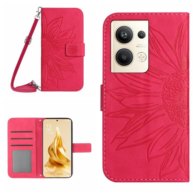 Protective Phone Cover For Oppo Reno9 Pro+ 5G, HT04 PU Leather Sunflower Imprinted Wallet Stand Skin-touch Feeling Flip Phone Case with Shoulder Strap - Rose