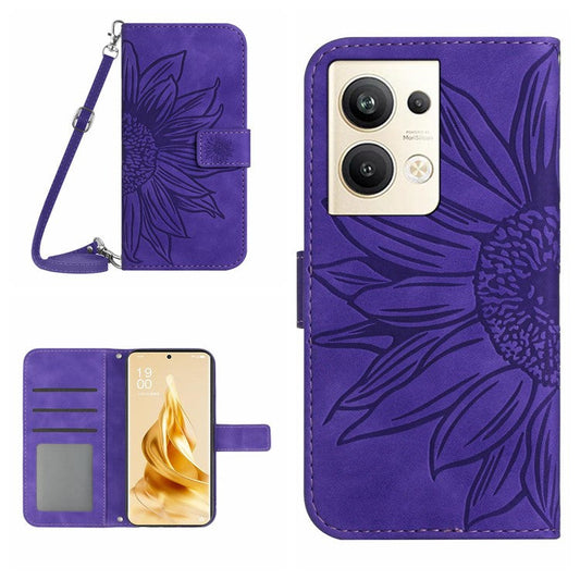Protective Phone Cover For Oppo Reno9 Pro+ 5G, HT04 PU Leather Sunflower Imprinted Wallet Stand Skin-touch Feeling Flip Phone Case with Shoulder Strap - Dark Purple