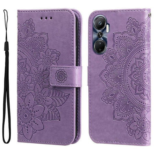 For Infinix Hot 20 4G Shockproof PU Leather Phone Case Stand Wallet Flower Imprinting Anti-Drop Phone Cover with Strap - Purple