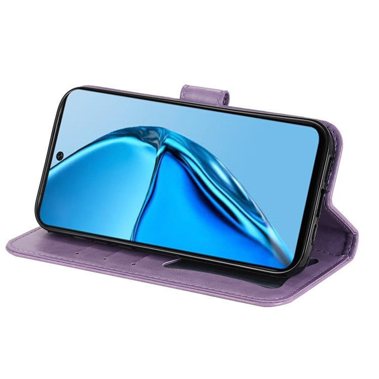 For Infinix Hot 20 4G Shockproof PU Leather Phone Case Stand Wallet Flower Imprinting Anti-Drop Phone Cover with Strap - Purple