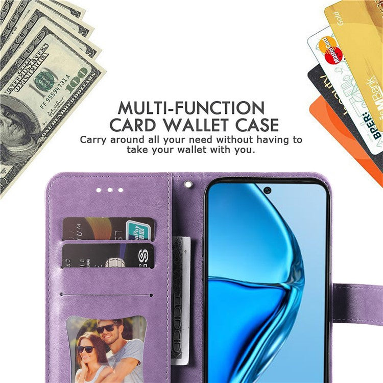 For Infinix Hot 20 4G Shockproof PU Leather Phone Case Stand Wallet Flower Imprinting Anti-Drop Phone Cover with Strap - Purple