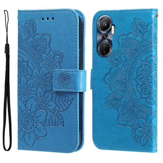 For Infinix Hot 20 4G Shockproof PU Leather Phone Case Stand Wallet Flower Imprinting Anti-Drop Phone Cover with Strap - Blue