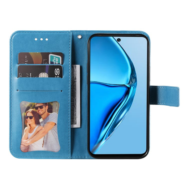 For Infinix Hot 20 4G Shockproof PU Leather Phone Case Stand Wallet Flower Imprinting Anti-Drop Phone Cover with Strap - Blue