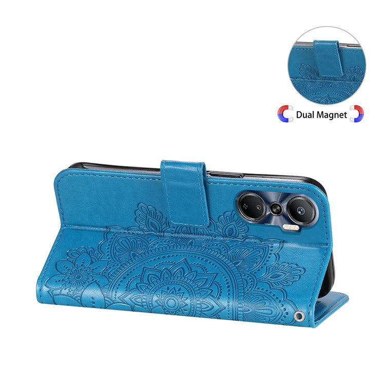 For Infinix Hot 20 4G Shockproof PU Leather Phone Case Stand Wallet Flower Imprinting Anti-Drop Phone Cover with Strap - Blue