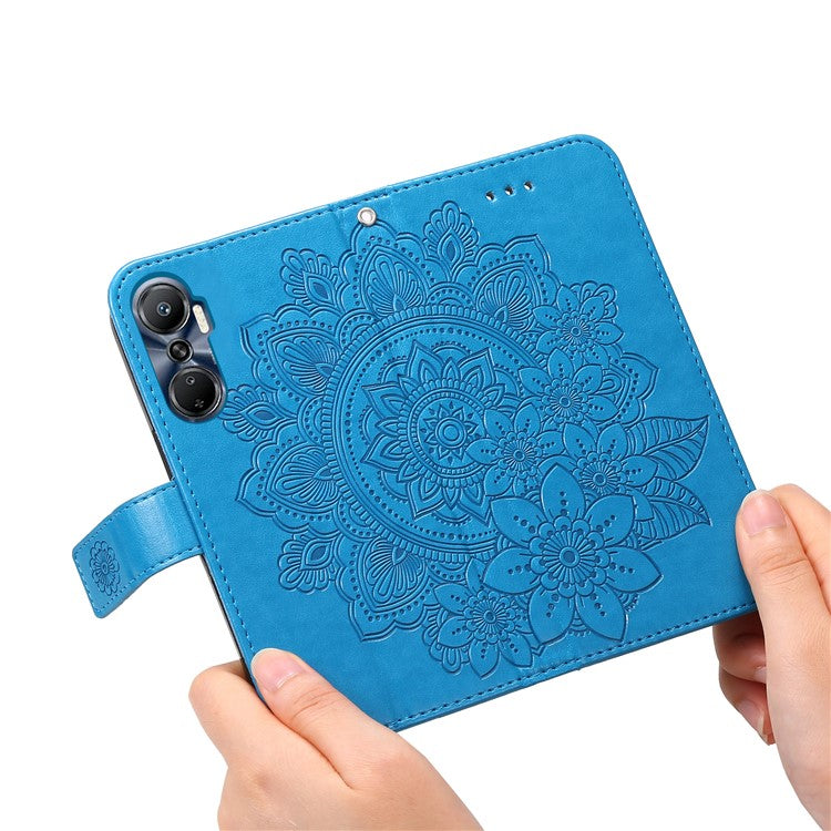 For Infinix Hot 20 4G Shockproof PU Leather Phone Case Stand Wallet Flower Imprinting Anti-Drop Phone Cover with Strap - Blue