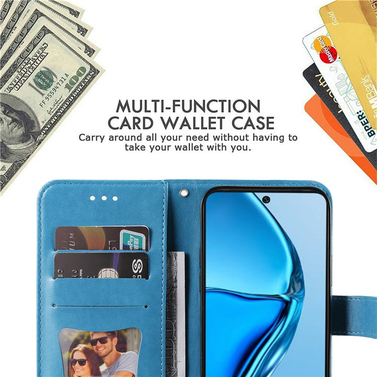 For Infinix Hot 20 4G Shockproof PU Leather Phone Case Stand Wallet Flower Imprinting Anti-Drop Phone Cover with Strap - Blue