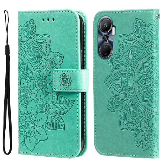 For Infinix Hot 20 4G Shockproof PU Leather Phone Case Stand Wallet Flower Imprinting Anti-Drop Phone Cover with Strap - Green