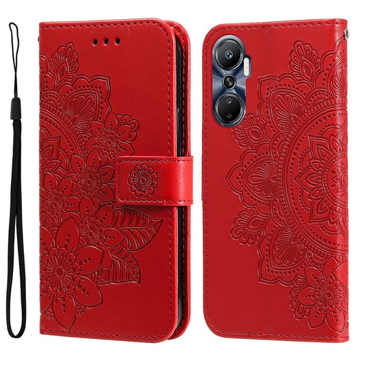 For Infinix Hot 20 4G Shockproof PU Leather Phone Case Stand Wallet Flower Imprinting Anti-Drop Phone Cover with Strap - Red