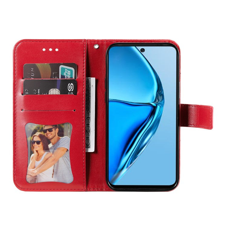 For Infinix Hot 20 4G Shockproof PU Leather Phone Case Stand Wallet Flower Imprinting Anti-Drop Phone Cover with Strap - Red