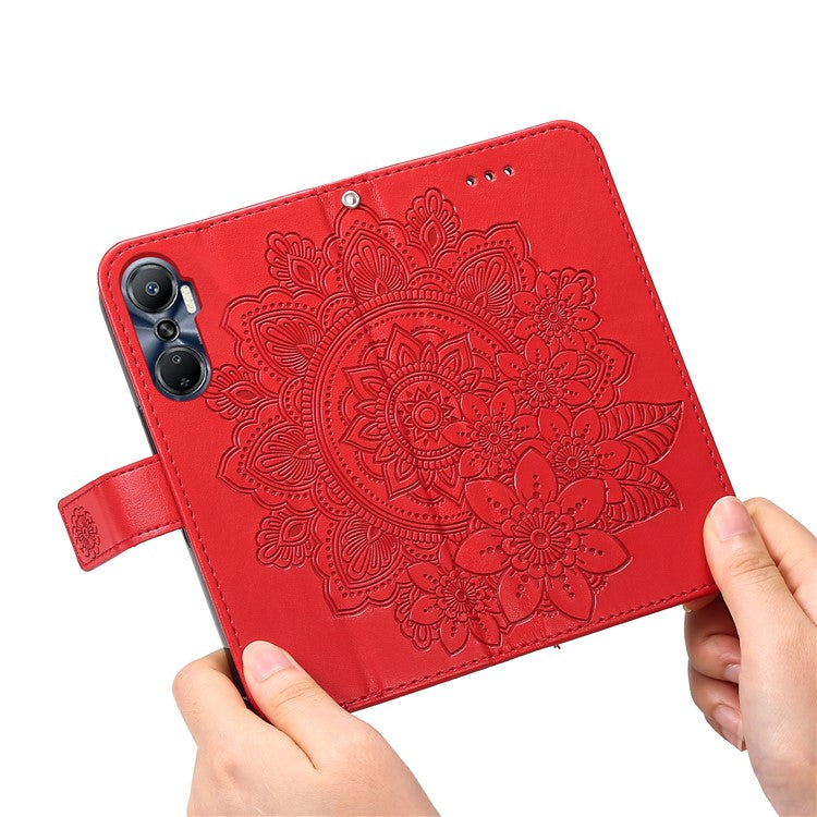 For Infinix Hot 20 4G Shockproof PU Leather Phone Case Stand Wallet Flower Imprinting Anti-Drop Phone Cover with Strap - Red