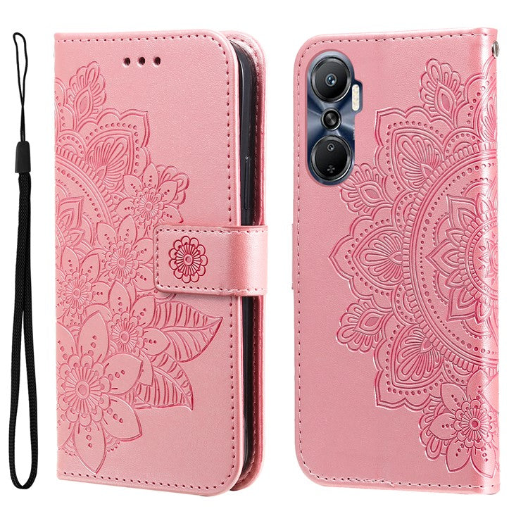 For Infinix Hot 20 4G Shockproof PU Leather Phone Case Stand Wallet Flower Imprinting Anti-Drop Phone Cover with Strap - Pink
