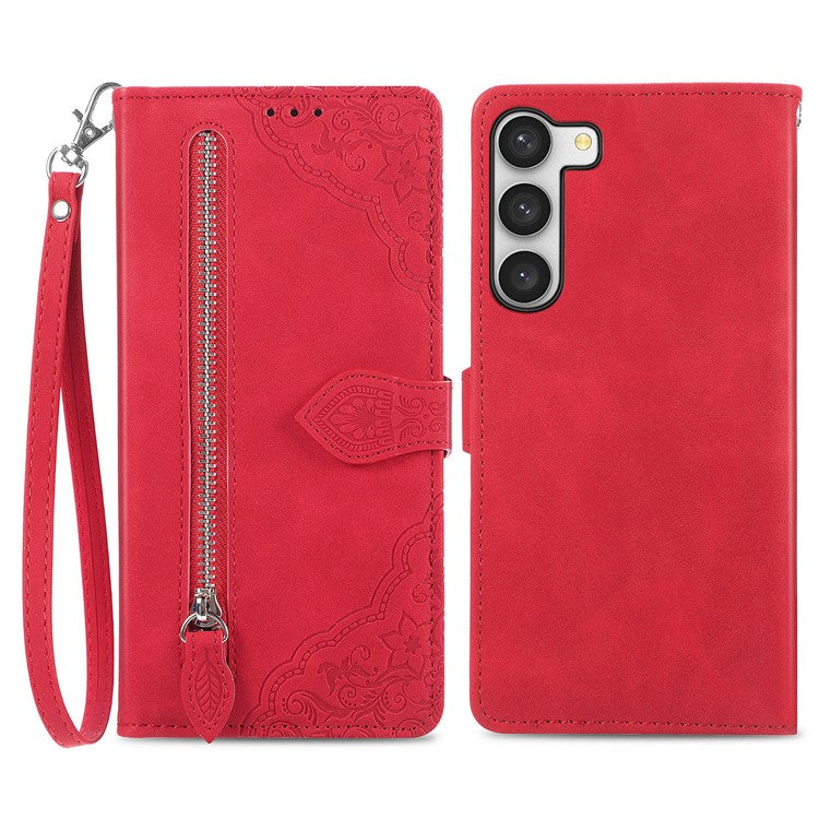 For Samsung Galaxy S23+ Flower Imprinted PU Leather Zipper Pocket Phone Case Wallet Stand Anti-wear Smartphone Cover with Strap - Red