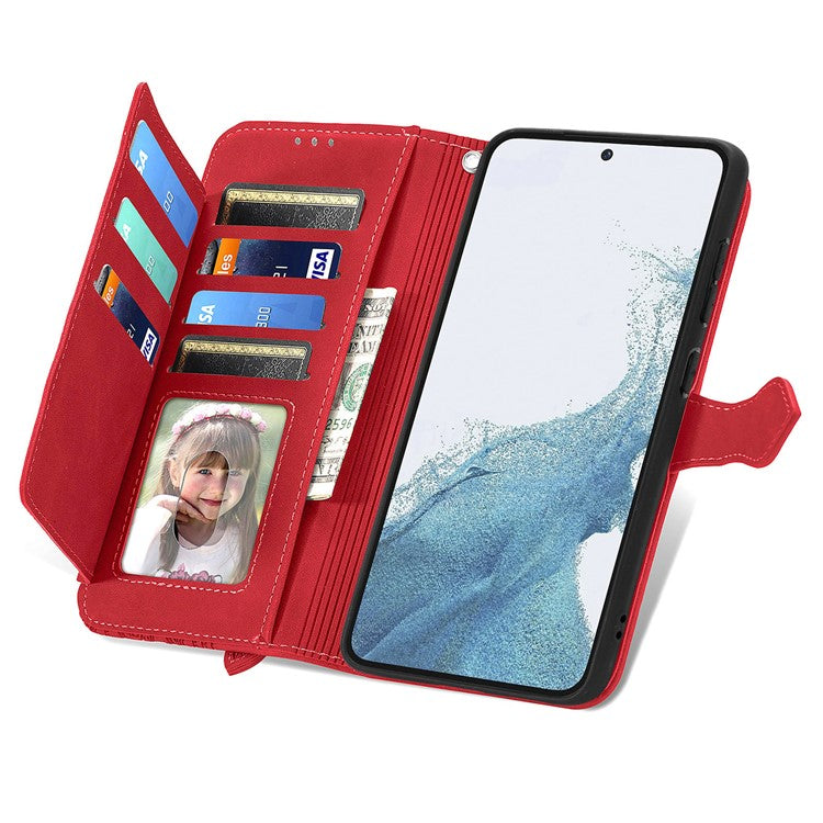 For Samsung Galaxy S23+ Flower Imprinted PU Leather Zipper Pocket Phone Case Wallet Stand Anti-wear Smartphone Cover with Strap - Red