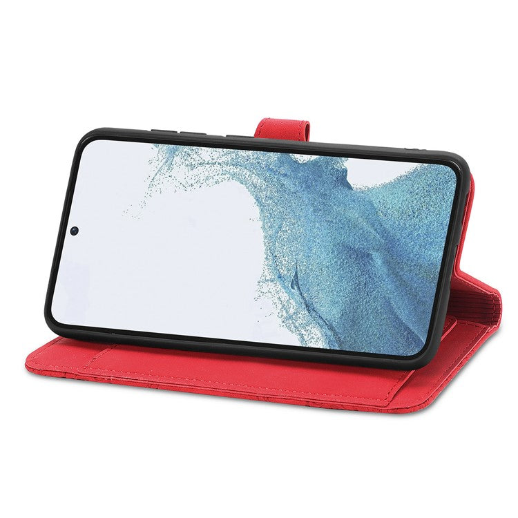 For Samsung Galaxy S23+ Flower Imprinted PU Leather Zipper Pocket Phone Case Wallet Stand Anti-wear Smartphone Cover with Strap - Red