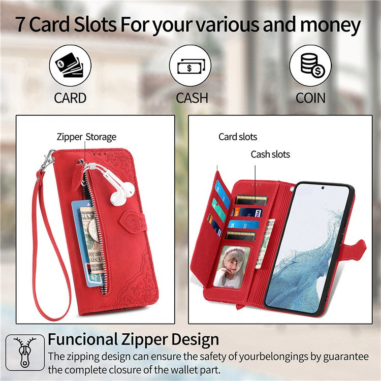For Samsung Galaxy S23+ Flower Imprinted PU Leather Zipper Pocket Phone Case Wallet Stand Anti-wear Smartphone Cover with Strap - Red
