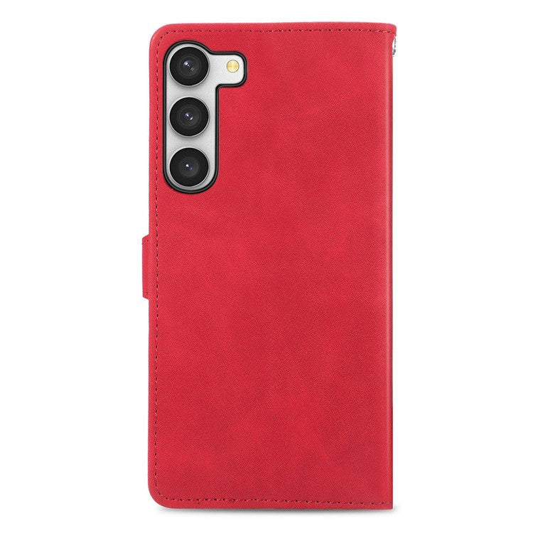 For Samsung Galaxy S23+ Flower Imprinted PU Leather Zipper Pocket Phone Case Wallet Stand Anti-wear Smartphone Cover with Strap - Red