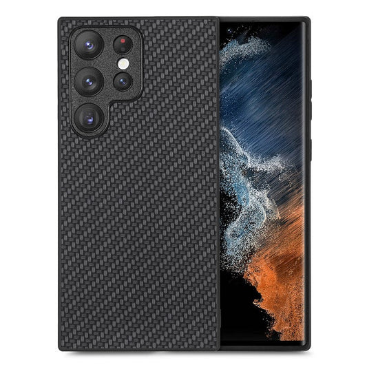 Carbon Fiber Texture Phone Case for Samsung Galaxy S23 Ultra, PU Leather Coated Soft TPU Anti-drop Protective Cover - Black