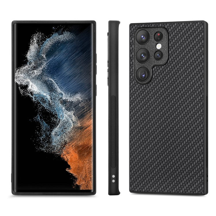 Carbon Fiber Texture Phone Case for Samsung Galaxy S23 Ultra, PU Leather Coated Soft TPU Anti-drop Protective Cover - Black