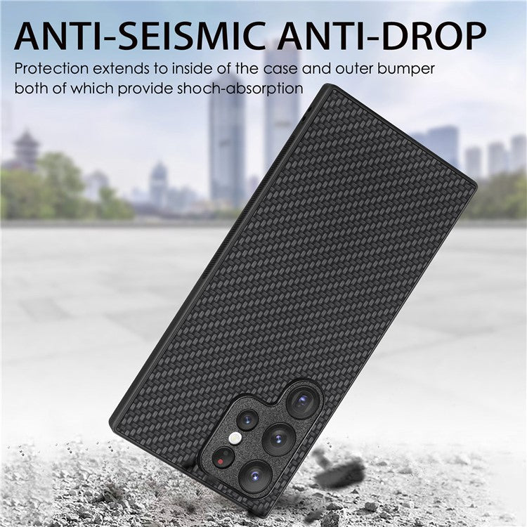 Carbon Fiber Texture Phone Case for Samsung Galaxy S23 Ultra, PU Leather Coated Soft TPU Anti-drop Protective Cover - Black