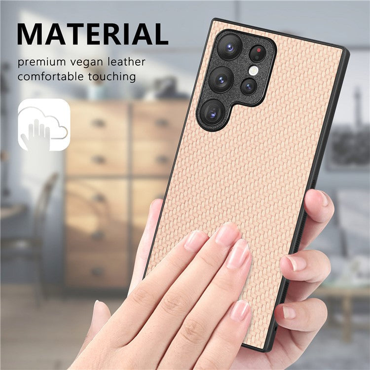 Carbon Fiber Texture Phone Case for Samsung Galaxy S23 Ultra, PU Leather Coated Soft TPU Anti-drop Protective Cover - Black