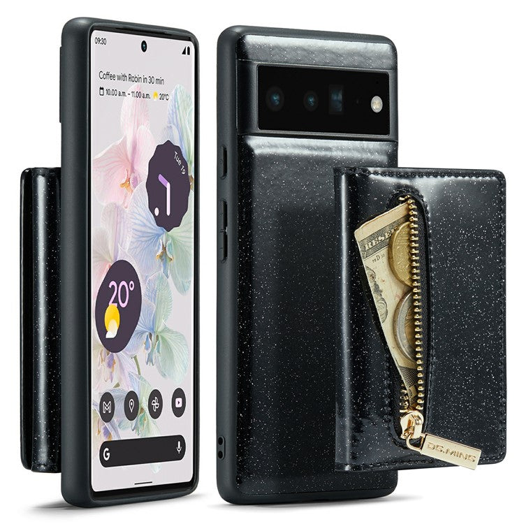 DG.MING M3 Series For Google Pixel 6 Pro 5G Glitter Bling PU Leather Detachable Cover PC+TPU Kickstand Zipper Pocket Wallet Phone Case - Black