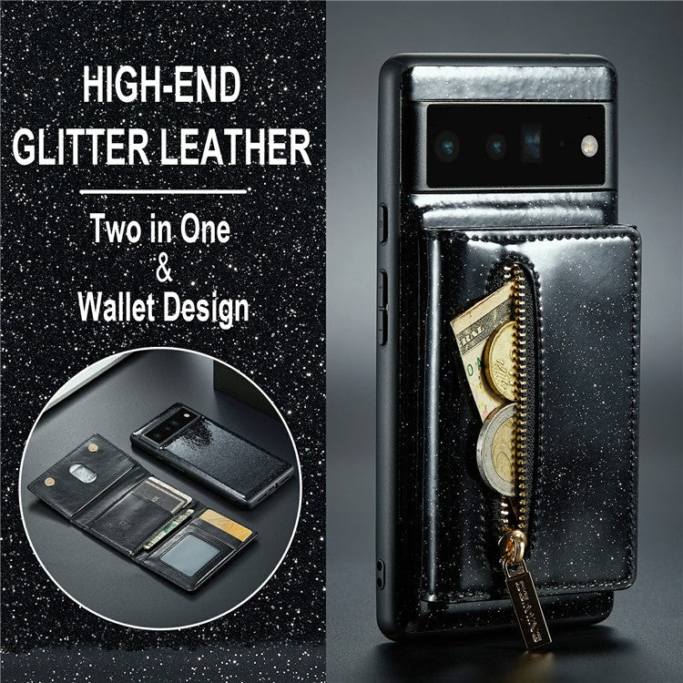 DG.MING M3 Series For Google Pixel 6 Pro 5G Glitter Bling PU Leather Detachable Cover PC+TPU Kickstand Zipper Pocket Wallet Phone Case - Black