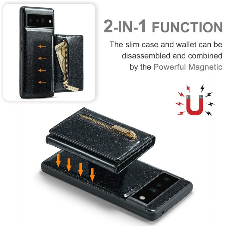 DG.MING M3 Series For Google Pixel 6 Pro 5G Glitter Bling PU Leather Detachable Cover PC+TPU Kickstand Zipper Pocket Wallet Phone Case - Black