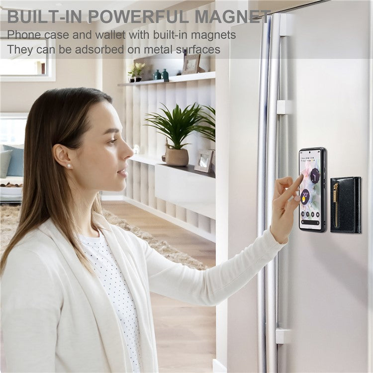 DG.MING M3 Series For Google Pixel 6 Pro 5G Glitter Bling PU Leather Detachable Cover PC+TPU Kickstand Zipper Pocket Wallet Phone Case - Black