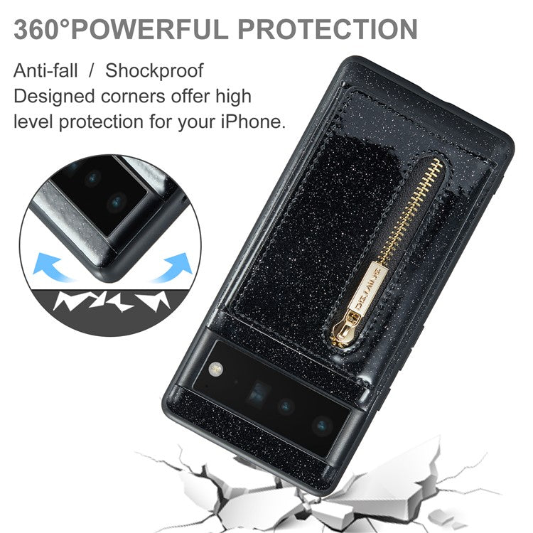 DG.MING M3 Series For Google Pixel 6 Pro 5G Glitter Bling PU Leather Detachable Cover PC+TPU Kickstand Zipper Pocket Wallet Phone Case - Black